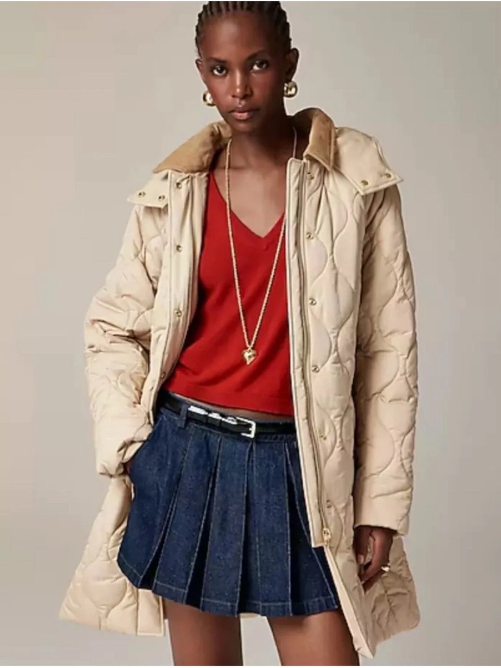 J.Crew Stowe Quilted Puffer Jacket Medium Beige Khaki Barn Coat PrimaLoft Hooded